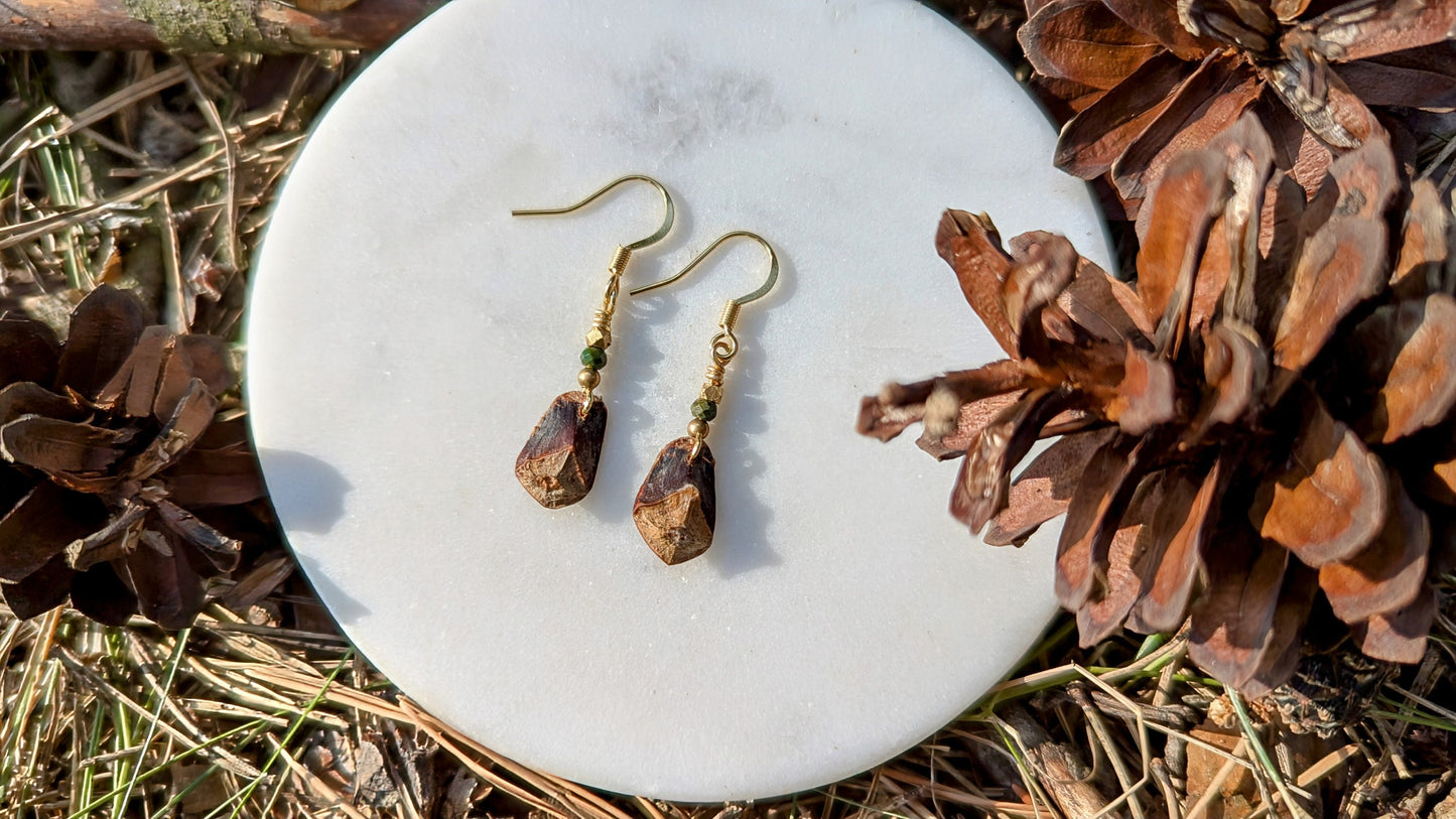 ### SPRUCE CONE | Pine Cone Earrings with African Turquoise & Brass