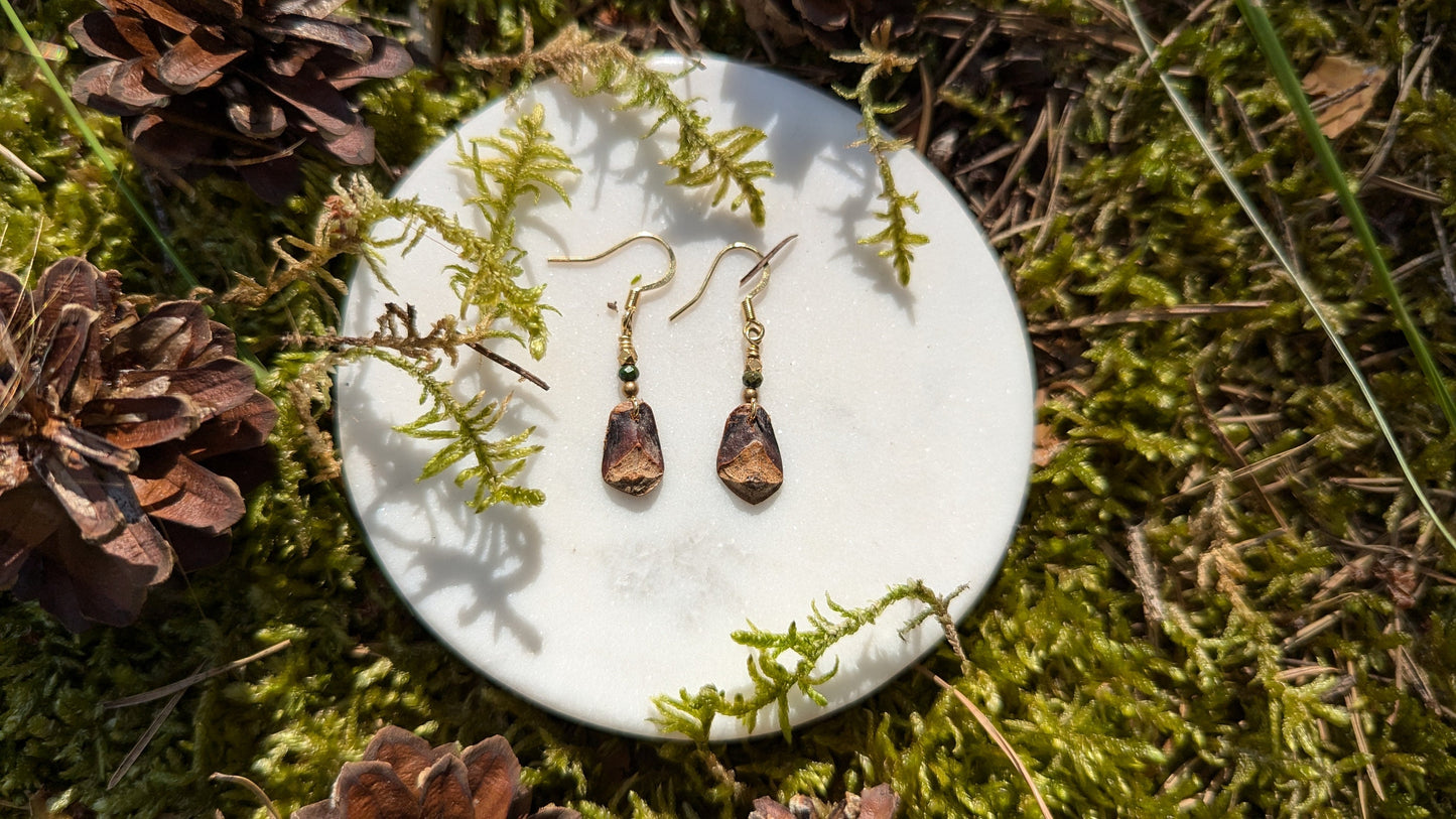 ### SPRUCE CONE | Pine Cone Earrings with African Turquoise & Brass