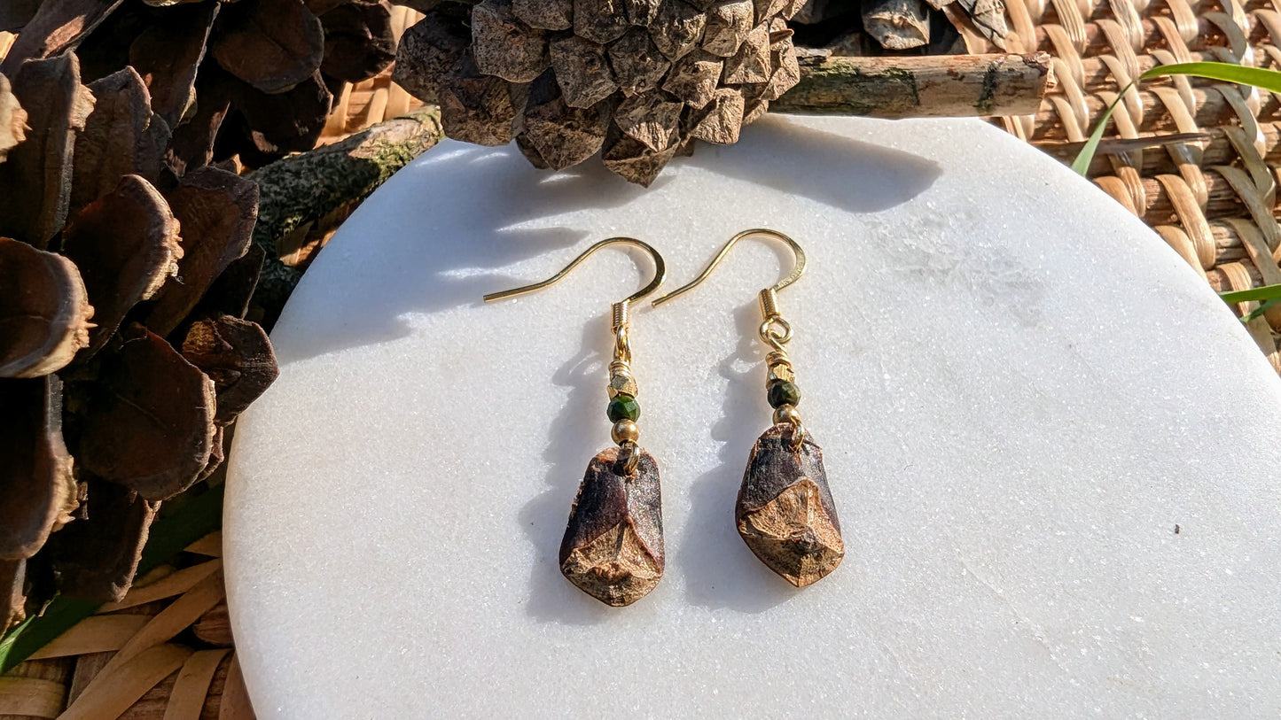### SPRUCE CONE | Pine Cone Earrings with African Turquoise & Brass