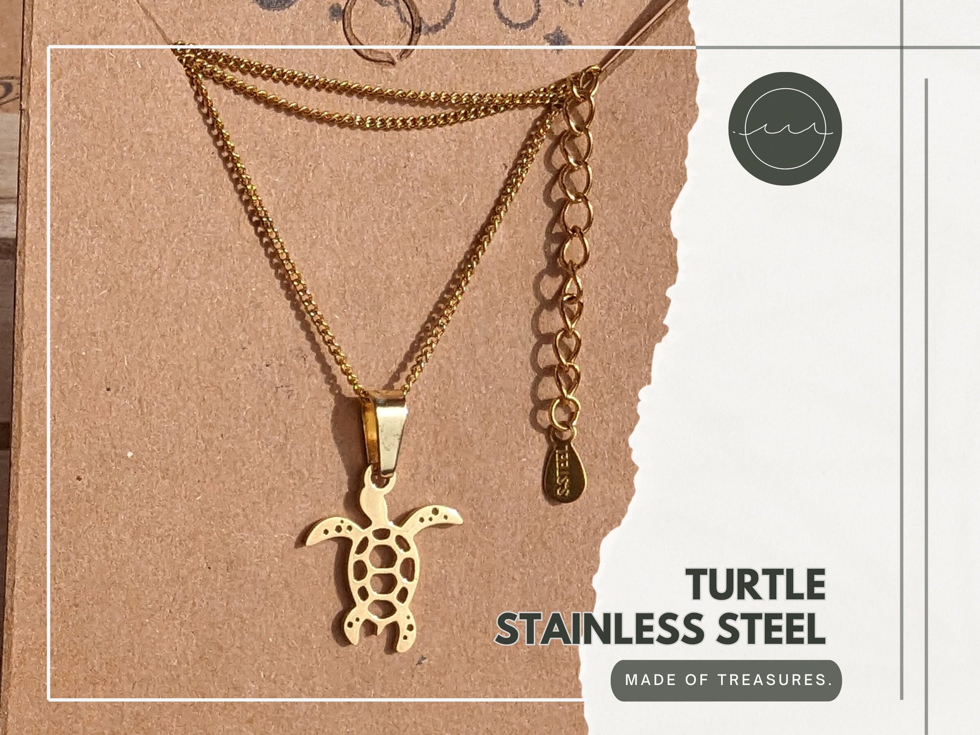 Golden Turtle Necklace | Thin, short curb chain stainless steel | Animal pendant sea turtle / sealife | Minimalist, waterproof, tropical