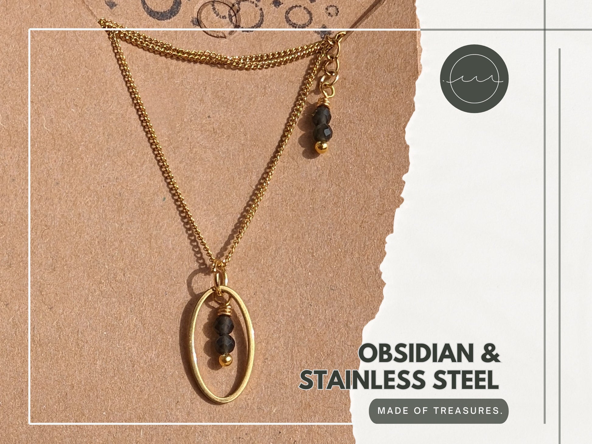 Obsidian oval necklace (gold - black) | Oval pendant & tiny beads made of volcanic glass | Thin curb chain stainless steel, geometric shape