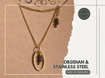 Obsidian oval necklace (gold - black) | Oval pendant & tiny beads made of volcanic glass | Thin curb chain stainless steel, geometric shape