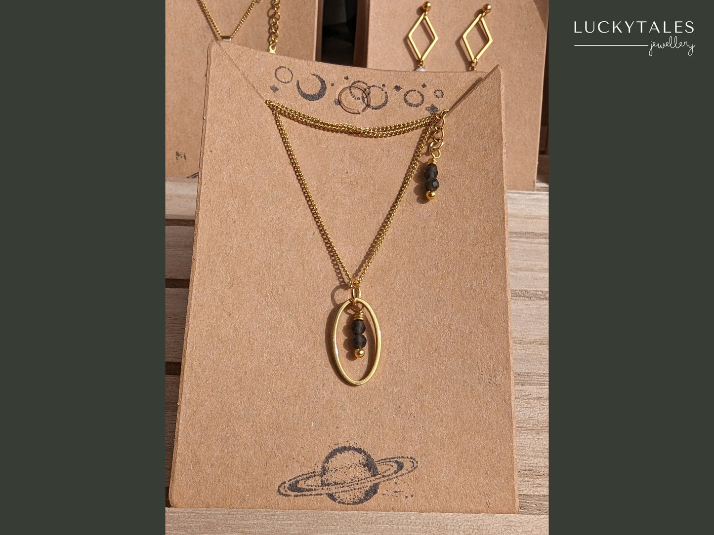 Obsidian oval necklace (gold - black) | Oval pendant & tiny beads made of volcanic glass | Thin curb chain stainless steel, geometric shape