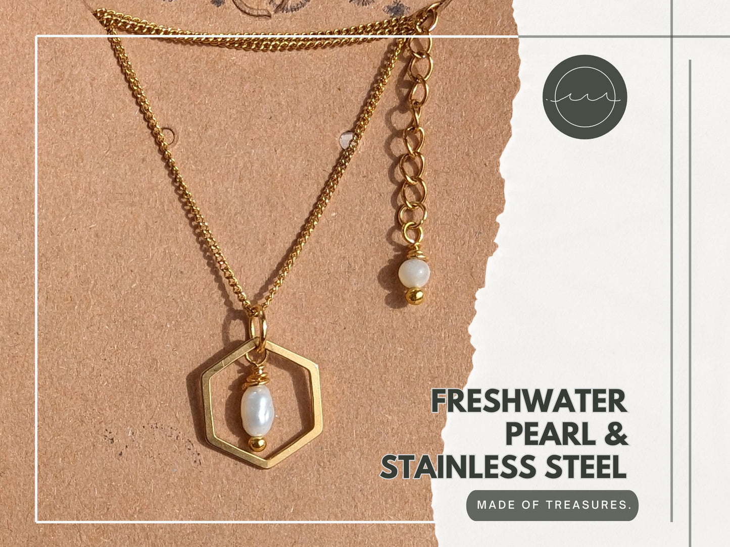 Golden necklace hexagon | Freshwater Pearl & Mother of Pearl Pendant | thin curb chain stainless steel (35, 40, 45cm) | Geometric shape