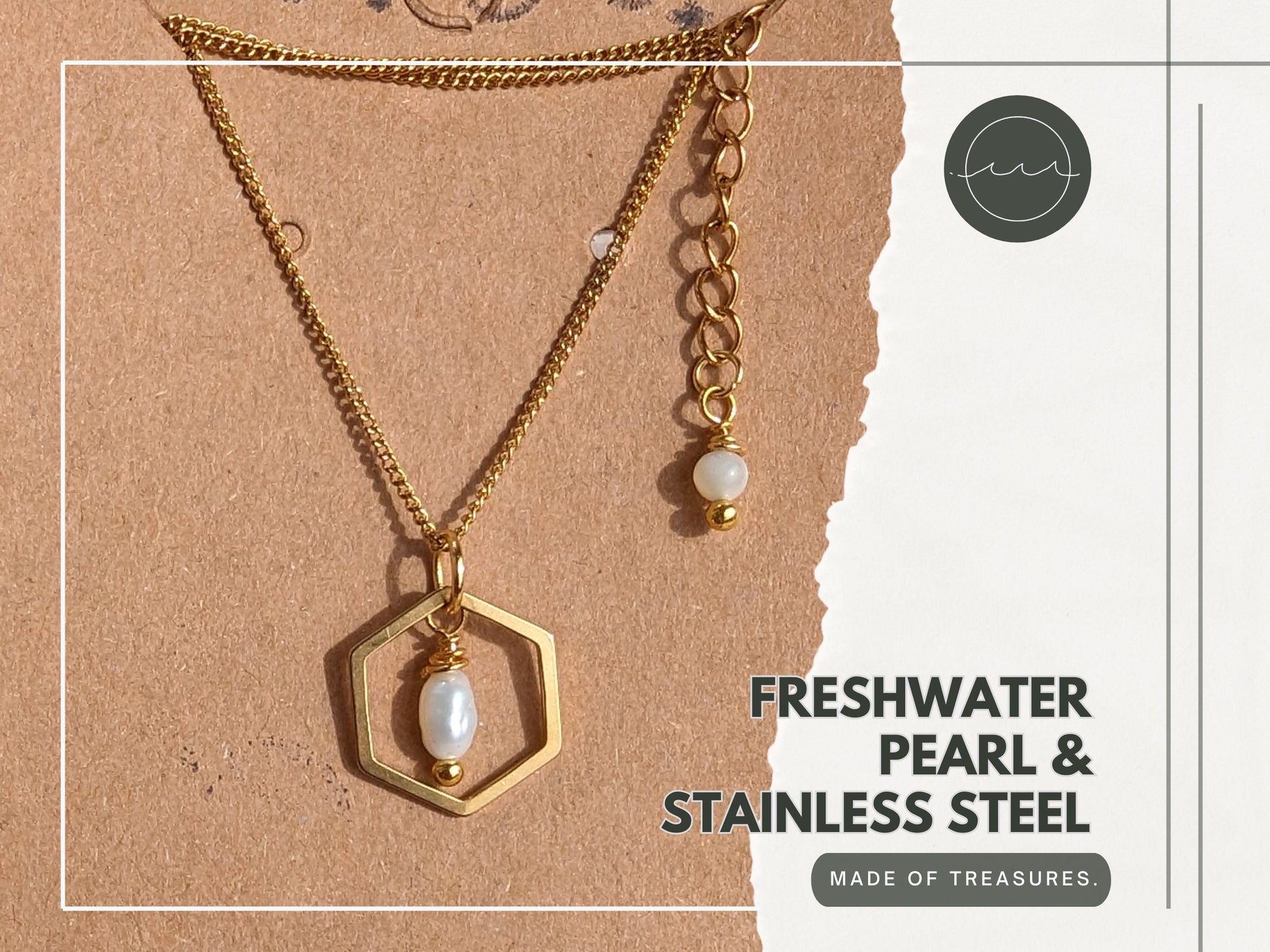 Golden necklace hexagon | Freshwater Pearl & Mother of Pearl Pendant | thin curb chain stainless steel (35, 40, 45cm) | Geometric shape