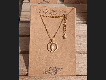 Golden necklace hexagon | Freshwater Pearl & Mother of Pearl Pendant | thin curb chain stainless steel (35, 40, 45cm) | Geometric shape