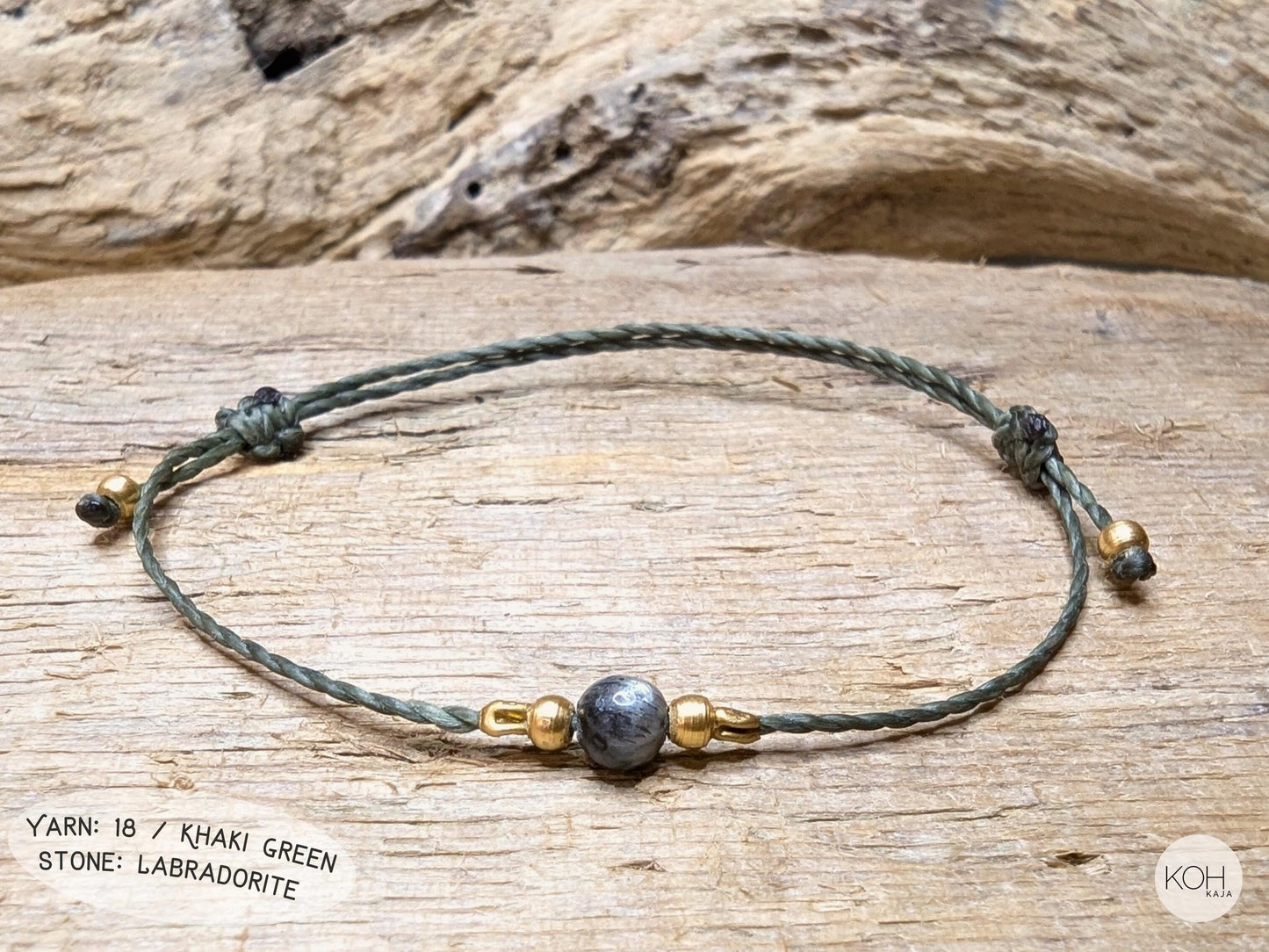 Armband Birdie - Yarn: 18_Khaki Green - Edelstein: Labradorite - Messingperlen - Freundschaftsarmband, elegantes Armband grau grün gold, minimalistisches Armband, gray green gold friendship bracelet gift for best friend, giftidea sister gemstone