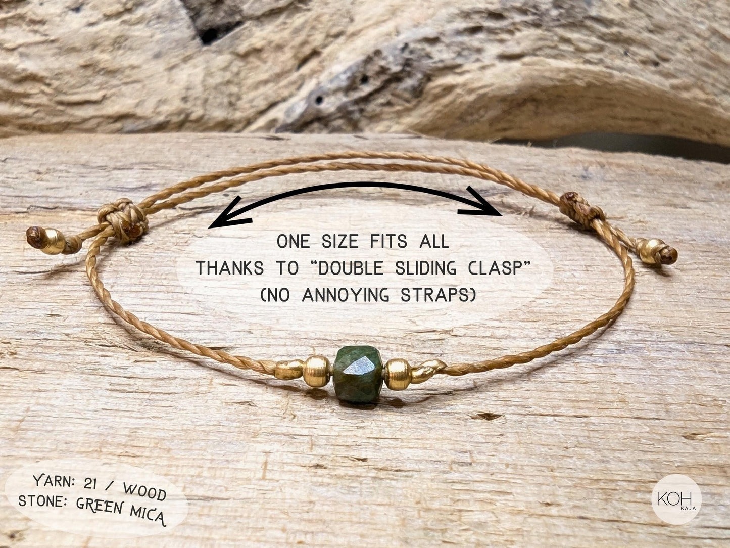Armband Birdie - One Size fits all - mit doppeltem Schiebeknoten, Einheitsgröße. Yarn: 21_Wood - Stone: Green Mica - Messingperlen - Freundschaftsarmband, braun hellbraun grün gold, green brown friendship bracelet gift for best friend giftidea sister
