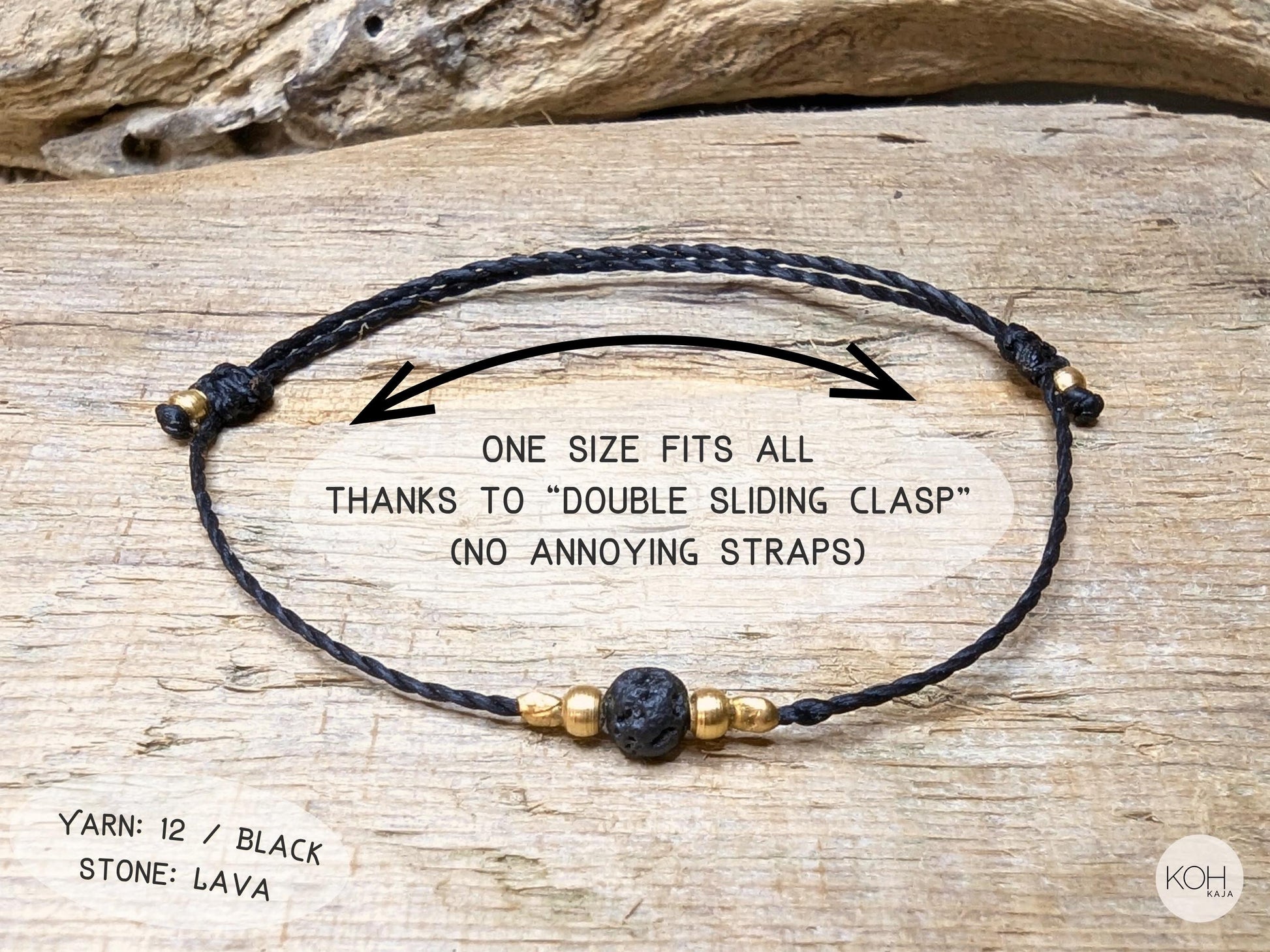 Armband Birdie - Yarn: 12_Black - Stone: Lava - Passend für alle Größen mit doppeltem Schiebeknoten - keine abstehenden Bänder, minimalistisches Armband schwarz gold, friendship bracelet gift for best friend, giftidea sister