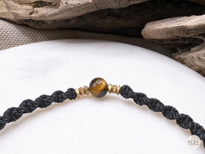 Tigereye Macrame Bracelet • Eye of the Tiger • Natural Stone Bracelet, Sandalwood Beads, Brass Jewelry, Boho Style, Birthday Gift Women