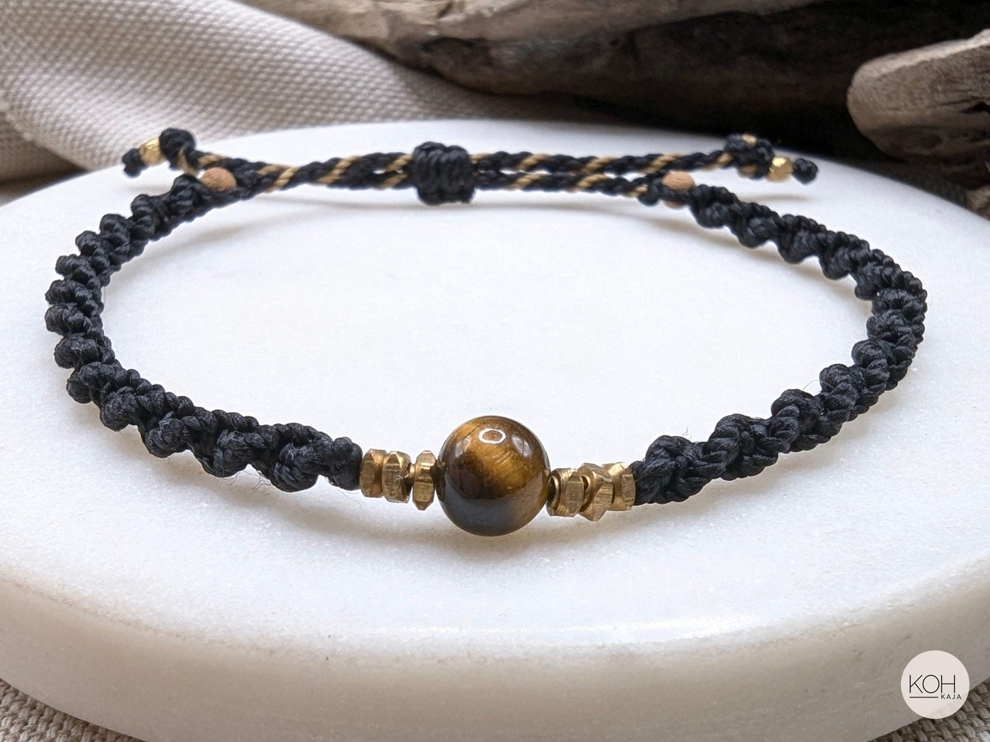 Tigereye Macrame Bracelet • Eye of the Tiger • Natural Stone Bracelet, Sandalwood Beads, Brass Jewelry, Boho Style, Birthday Gift Women