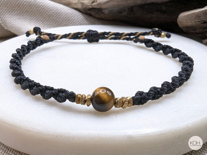 Tigereye Macrame Bracelet • Eye of the Tiger • Natural Stone Bracelet, Sandalwood Beads, Brass Jewelry, Boho Style, Birthday Gift Women