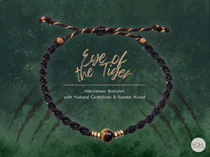 Tigereye Macrame Bracelet • Eye of the Tiger • Natural Stone Bracelet, Sandalwood Beads, Brass Jewelry, Boho Style, Birthday Gift Women